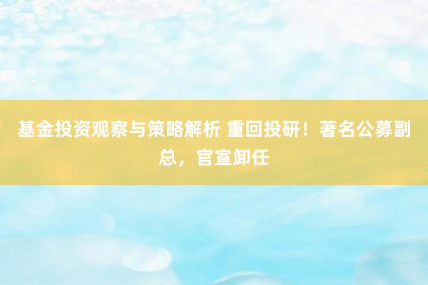 基金投资观察与策略解析 重回投研！著名公募副总，官宣卸任